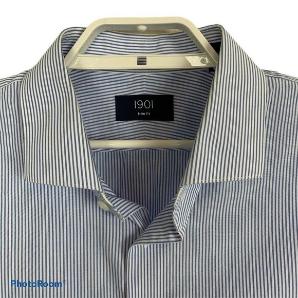 1901 Trim Fit Blue White‎ Striped Long Sleeve Shirt - Picture 3 of 7
